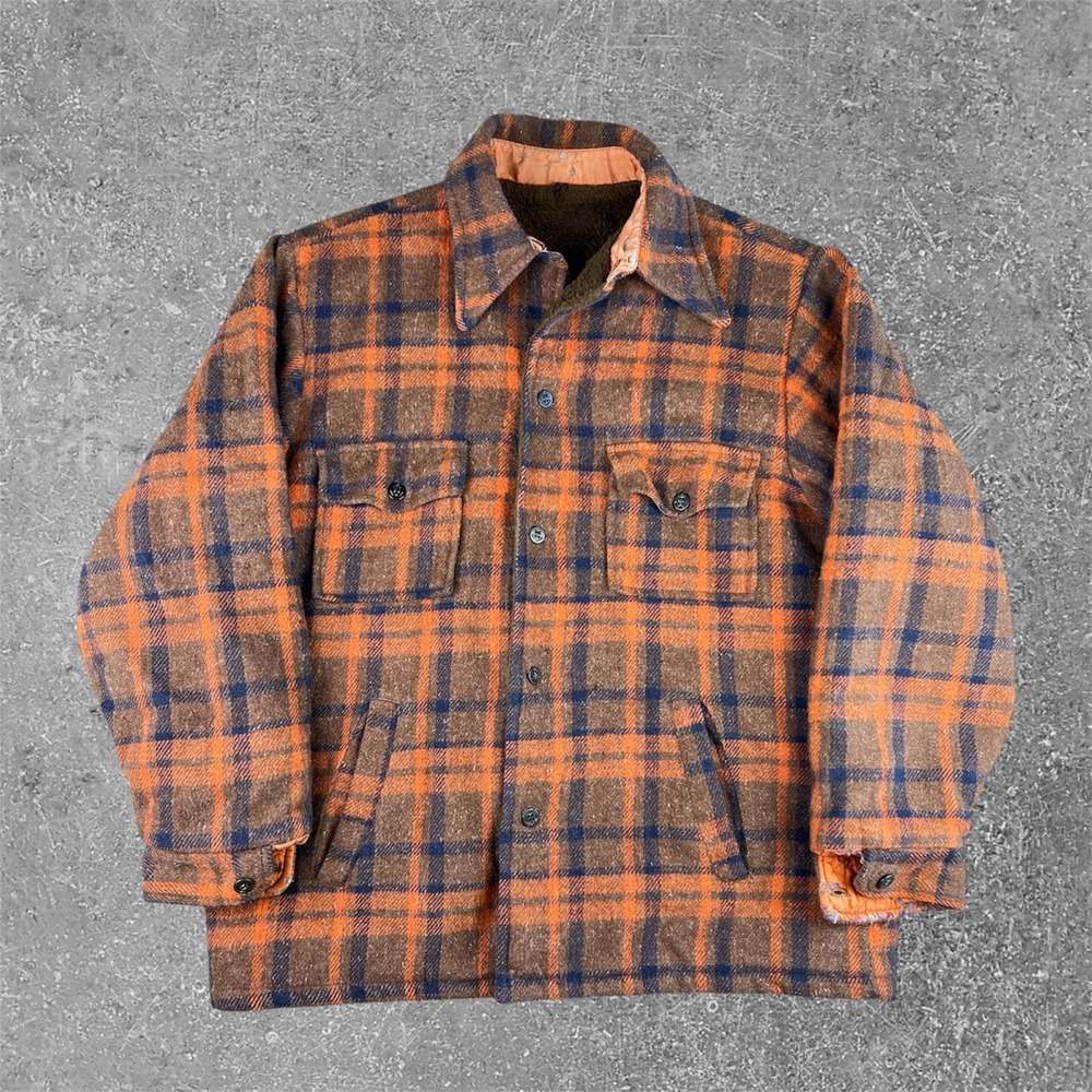Vintage Montgomery Ward Plaid Wool Sherpa Lined‎ Jacket Mens XL Orange Brown USN